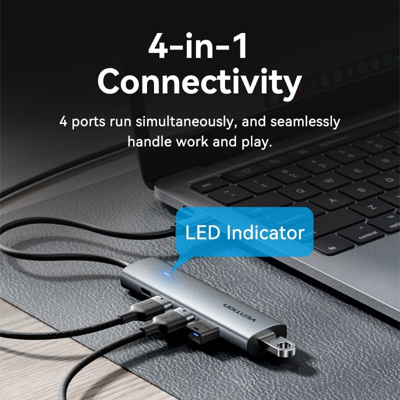 HUB chuyển Vention USB-C to USB 3.0*4/USB-C Hub 0.15M Gray Aluminum Alloy Type ( TGZHB )