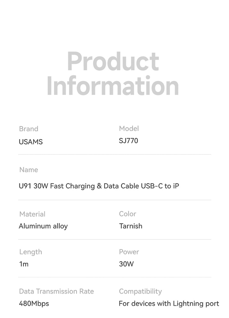 Cáp Sạc Nhanh C to Lightning USAMS SJ770 U91 30W (1.2m, 480Mbps)