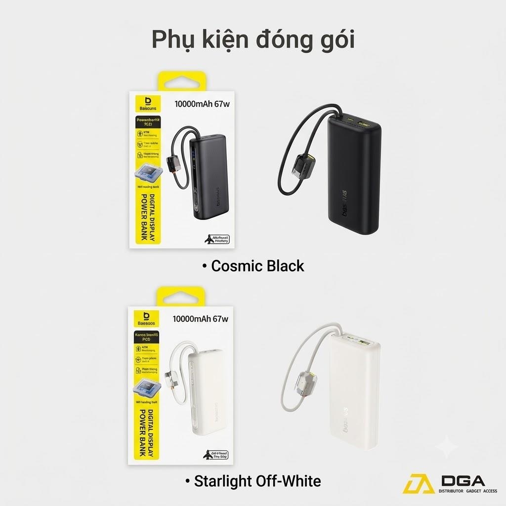 Pin Dự Phòng Baseus EnerFill FC41 10000mAh 67W (Digital Display, with Dual Built-in USB-C Cables, 1*Type-C + 1*USB-A port)