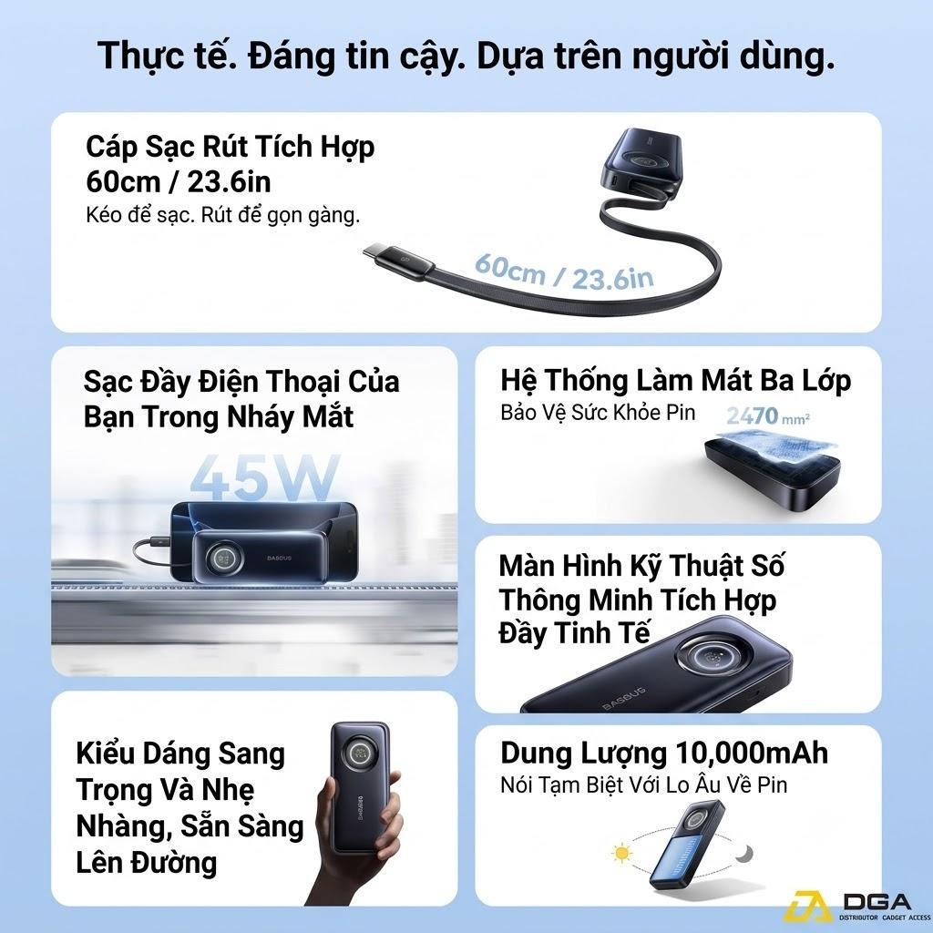Pin Dự Phòng Baseus EnerCore CR11 10000mAh 45W (1*Type-C port, with Type-C Retractable Cable, Digital Display)