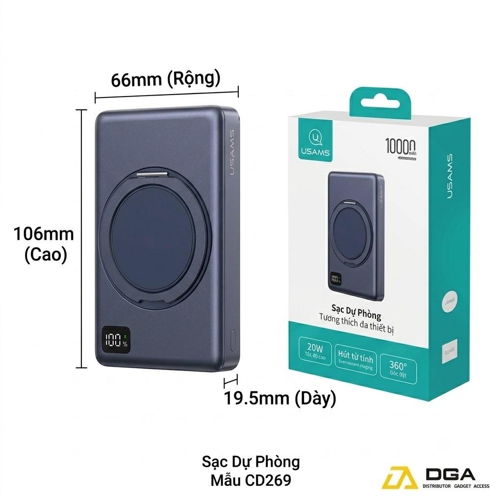 Pin Dự Phòng Không Dây USAMS CD269 10000mAh 22.5W (CCC / 3C Certification, 1*Type-C port, 15W Wireless Charging, Digital Display)