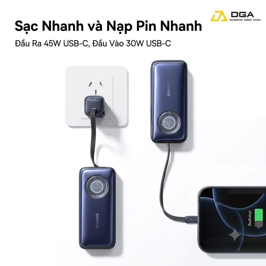 Pin Dự Phòng Baseus EnerCore CR11 10000mAh 45W (1*Type-C port, with Type-C Retractable Cable, Digital Display)