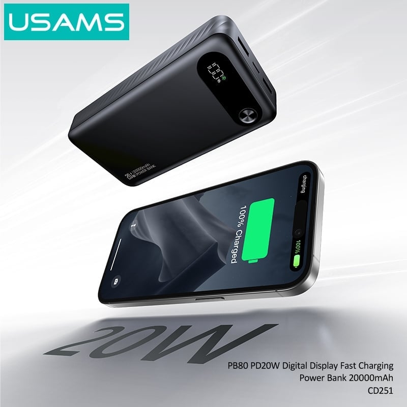 Pin Dự Phòng USAMS CD249 10000mAh/20000mAh 20W (Digital LED Display, USB + 2*Type-C Port)