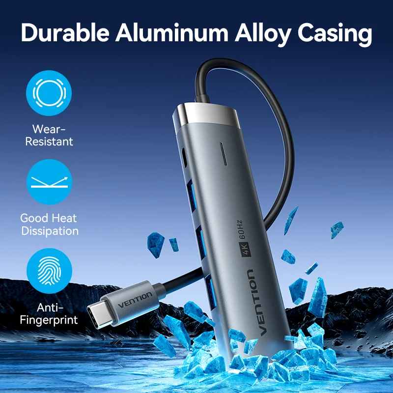 HUB Mở Rộng Đa Năng 5-in-1 VENTION TGM (Type C to 1*HDMI 4K@60Hz, 3*USB3.0 5Gbps, 1*Type-C 3.2 Gen1 5Gbps+PD 100W)