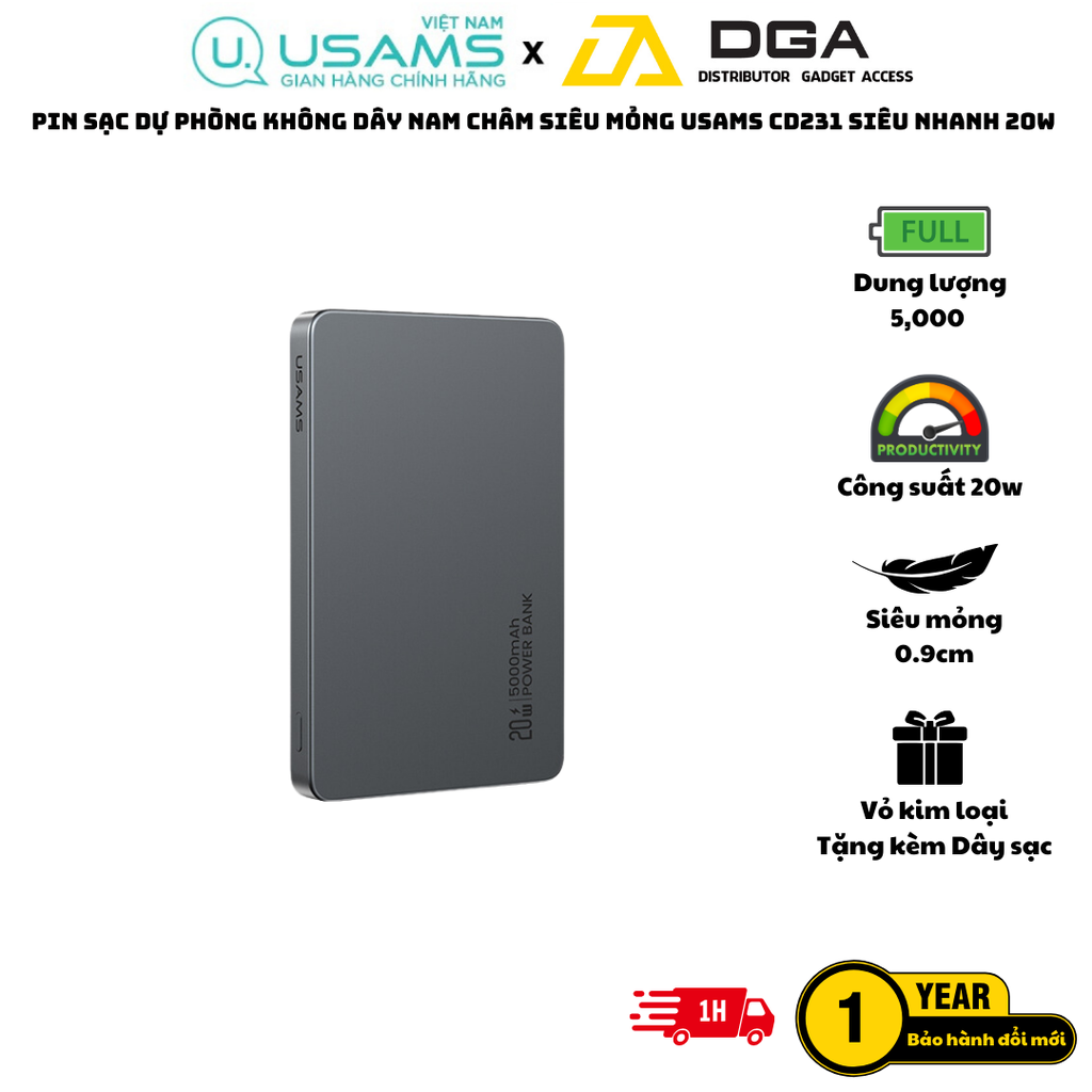 Pin Sạc Dự Phòng Không Dây Siêu Mỏng USAMS CD231 5000mAh 20W (15W Wireless Charging)