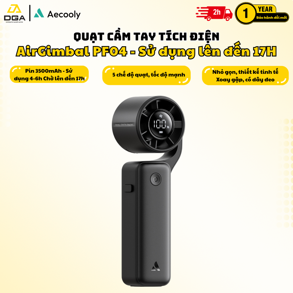 Quạt Cầm Tay AECOOLY AirGimbal PF04 (3500mAh & 4500mAh, 17H, Display Screen, 11m/s, 15000RPM, 220° Adjustable, 5-Speed Turbo Wind)