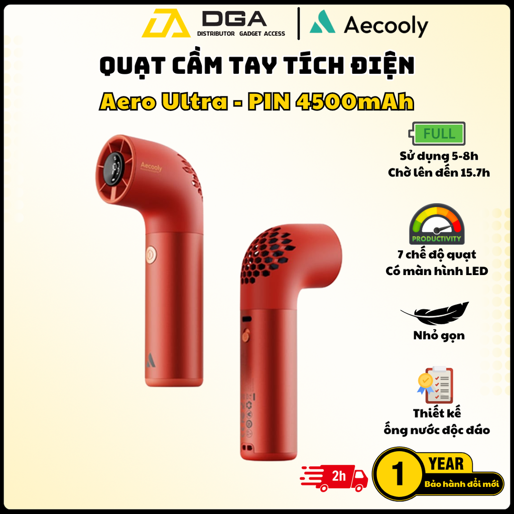 Quạt Cầm Tay AECOOLY Aero Ultra (4500mAh, 15.7H, 7 Speed Settings, LED Digital Display, 19000RPM)