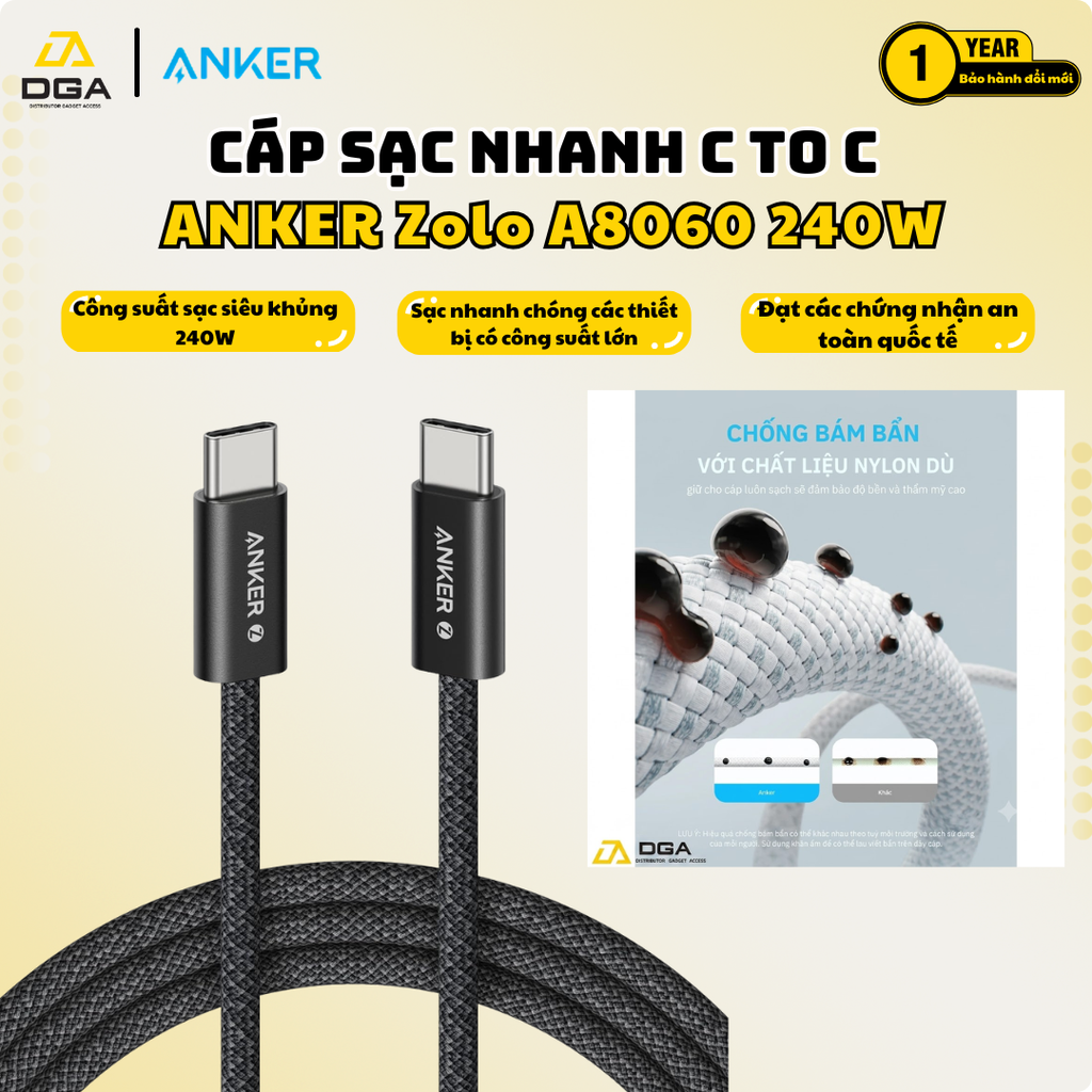 Cáp Sạc Nhanh C to C ANKER Zolo A8060 240W (480Mbps, Nylon Braided) - 1.8M