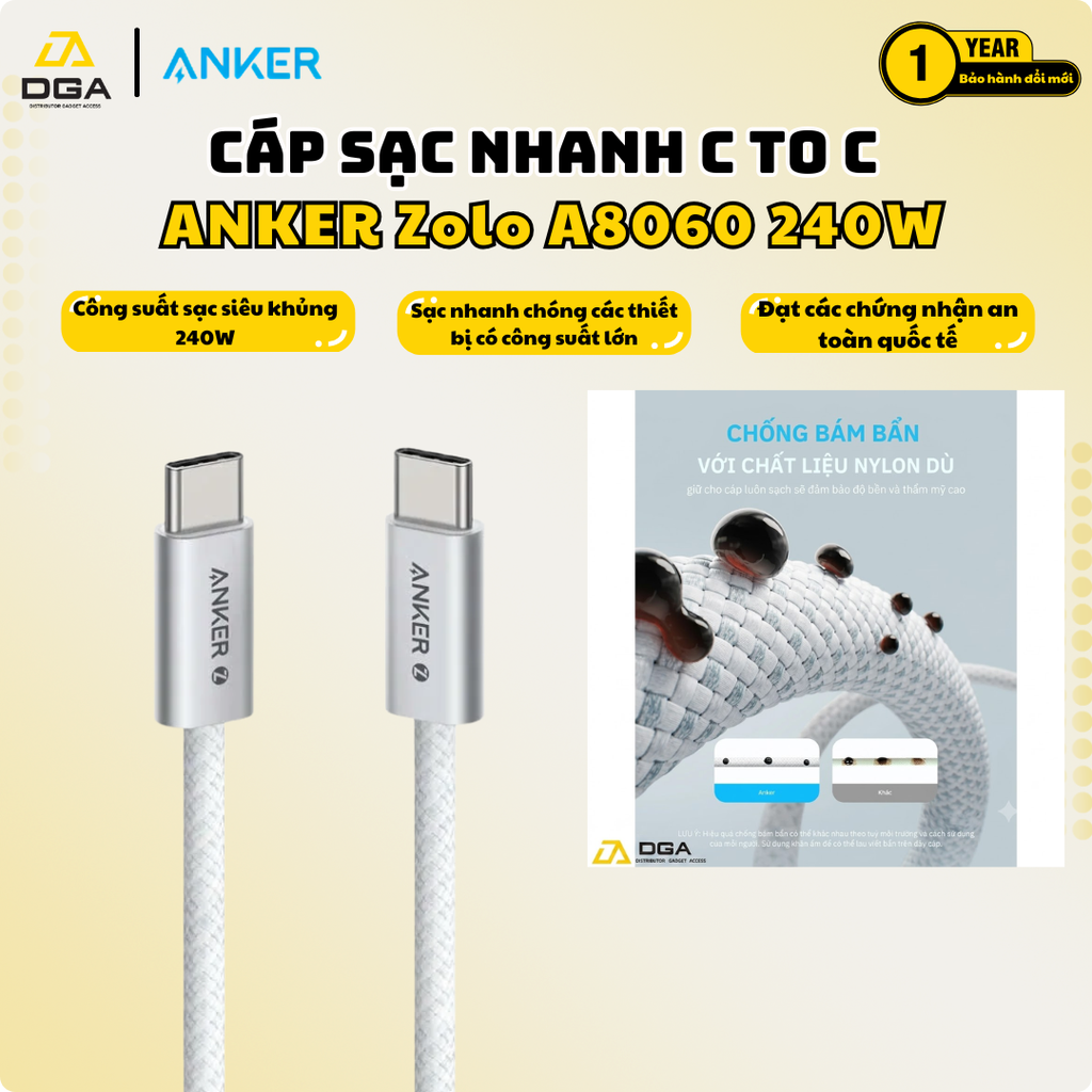 Cáp Sạc Nhanh C to C ANKER Zolo A8060 240W (480Mbps, Nylon Braided) - 1M