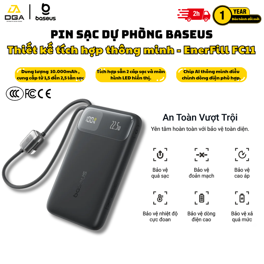 Pin dự phòng Baseus EnerFill FC11 Digital Display Power Bank with Dual Built-in Cables 10000mAh 22.5W Beige (E0027R0B) (CCC / 3C Certification)