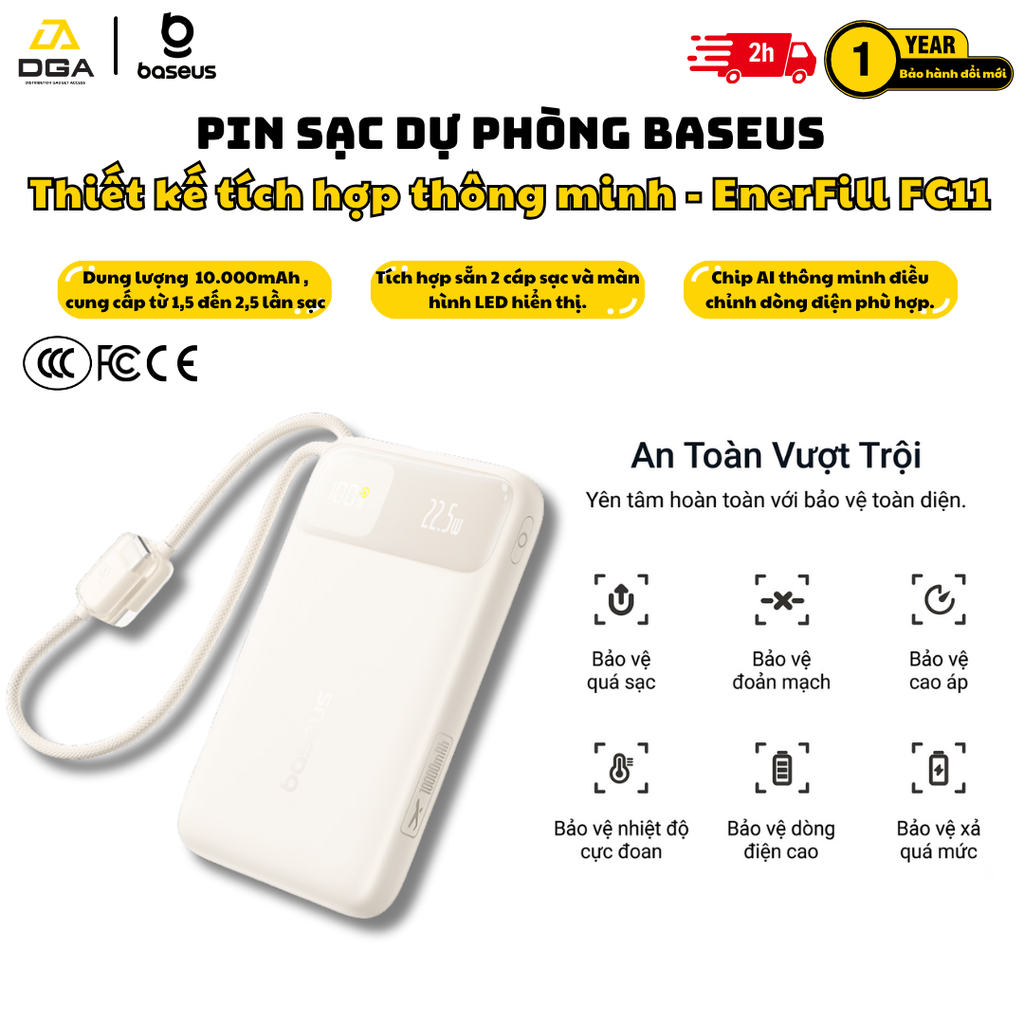 Pin dự phòng Baseus EnerFill FC11 Digital Display Power Bank with Dual Built-in Cables 10000mAh 22.5W Beige (E0027R0B) (CCC / 3C Certification)
