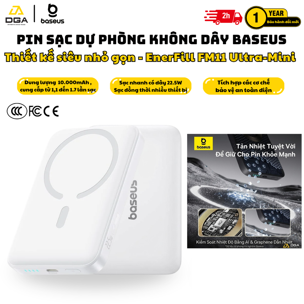 Pin sạc dự phòng Baseus EnerFill FM11 Ultra-Mini Magnetic Power Bank 10000mAh 22.5W (CCC / 3C Certification, Includes Simple Cable Type-C to Type-C 20V/3A 30cm)