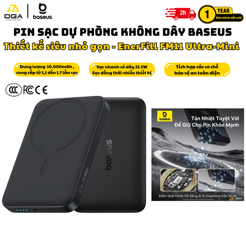 Pin sạc dự phòng Baseus EnerFill FM11 Ultra-Mini Magnetic Power Bank 10000mAh 22.5W (CCC / 3C Certification, Includes Simple Cable Type-C to Type-C 20V/3A 30cm)