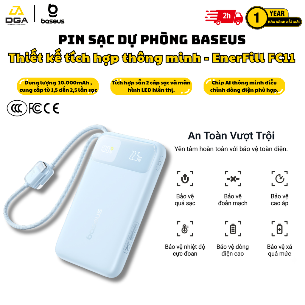 Pin dự phòng Baseus EnerFill FC11 Digital Display Power Bank with Dual Built-in Cables 10000mAh 22.5W Beige (E0027R0B) (CCC / 3C Certification)