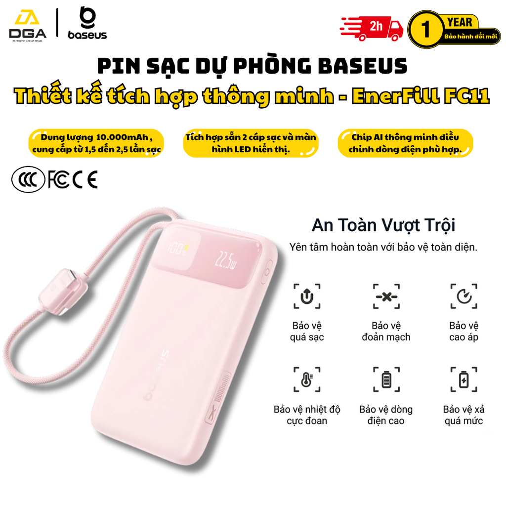 Pin dự phòng Baseus EnerFill FC11 Digital Display Power Bank with Dual Built-in Cables 10000mAh 22.5W Beige (E0027R0B) (CCC / 3C Certification)