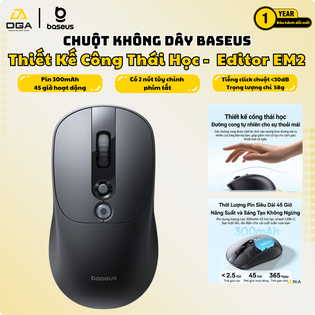 Chuột Không Dây Công Thái Học Baseus Editor EM2 (Bluetooth v5.3 & 2.4G Wireless Dual Mode, 45H, 4000 DPI, 300mAh, <30dB Quiet Clicking, Up to 250Hz Polling Rate)