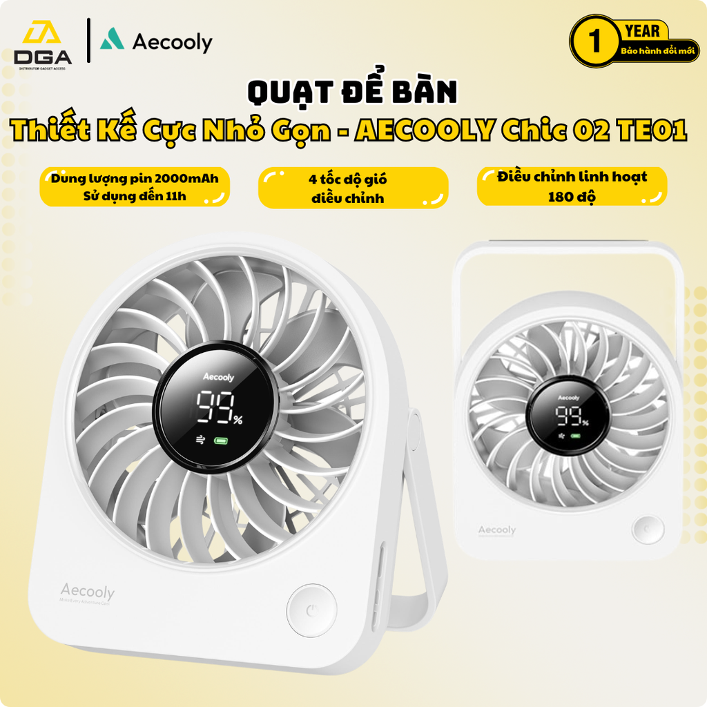 Quạt Để Bàn Cầm Tay Mini AECOOLY Chic 02 TE01 Pin 2000mAh Chạy Đến 11 Giờ 4 Tốc Độ Gió Siêu Mát Tiện Lợi