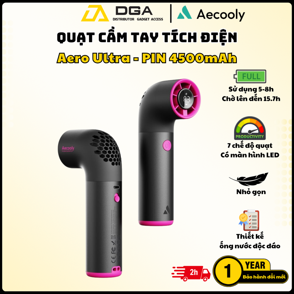 Quạt Cầm Tay AECOOLY Aero Ultra (4500mAh, 15.7H, 7 Speed Settings, LED Digital Display, 19000RPM)