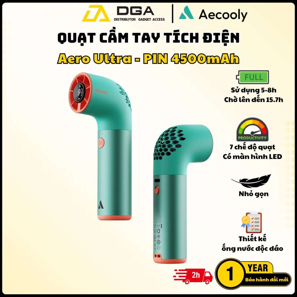 Quạt Cầm Tay AECOOLY Aero Ultra (4500mAh, 15.7H, 7 Speed Settings, LED Digital Display, 19000RPM)