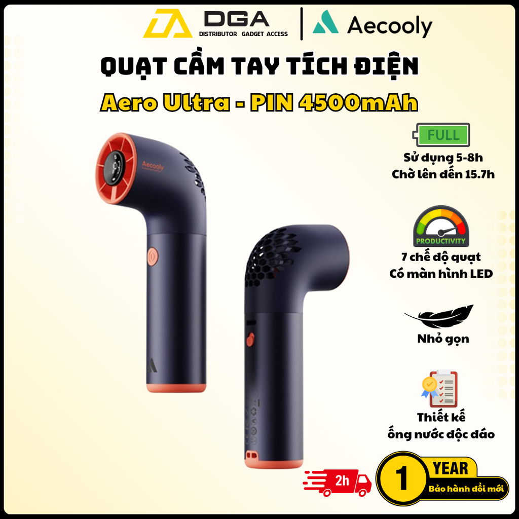 Quạt Cầm Tay AECOOLY Aero Ultra (4500mAh, 15.7H, 7 Speed Settings, LED Digital Display, 19000RPM)