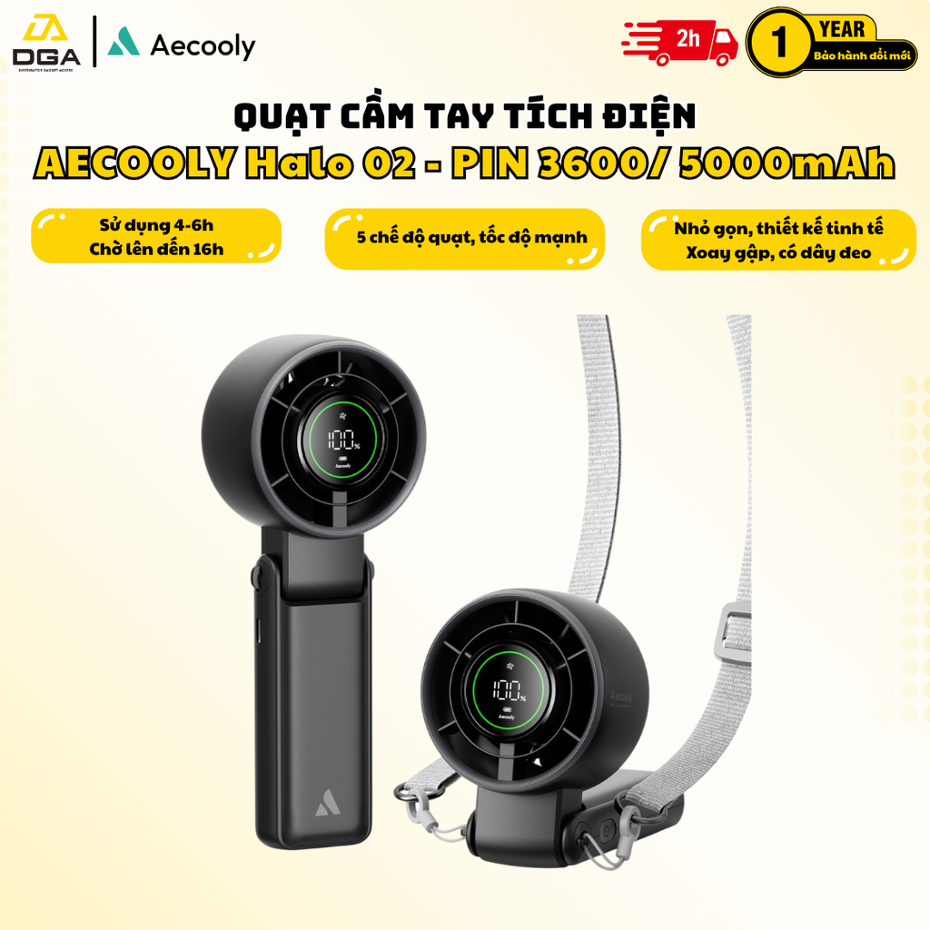 Quạt Cầm Tay AECOOLY Halo 02 (7000rpm, 5000mAh, Dual Air Channels, Ultra-High Wind Power, Foldable and placed on the desktop, Versatile Handheld/Desktop/Hanging Usage) - BLACK