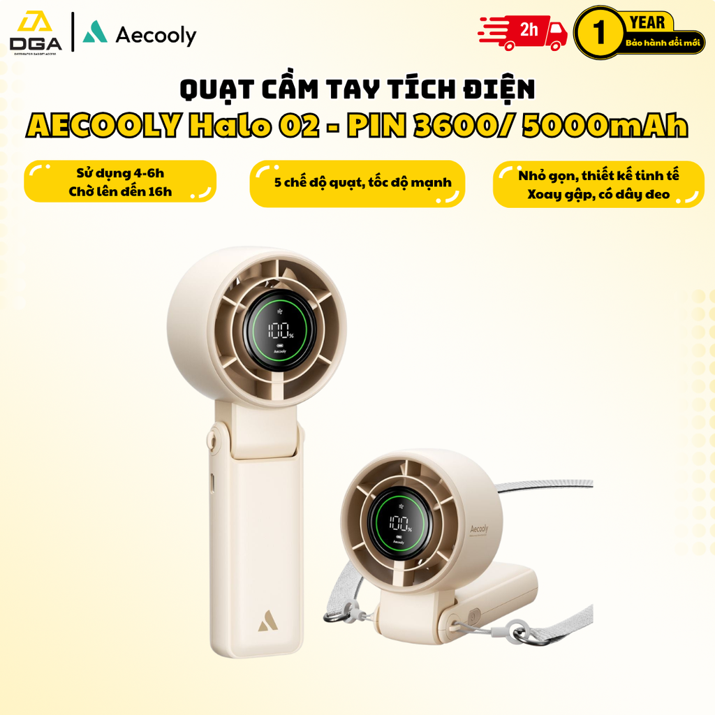 Quạt Cầm Tay AECOOLY Halo 02 (7000rpm, 5000mAh, Dual Air Channels, Ultra-High Wind Power, Foldable and placed on the desktop, Versatile Handheld/Desktop/Hanging Usage) - BLACK