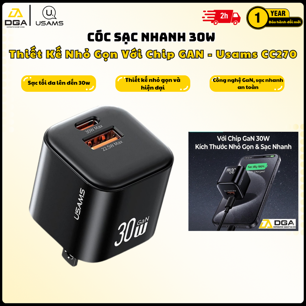 Củ Sạc Nhanh GaN 30W USAMS CC270: 2 Cổng Nhỏ Gọn, Quốc Dân