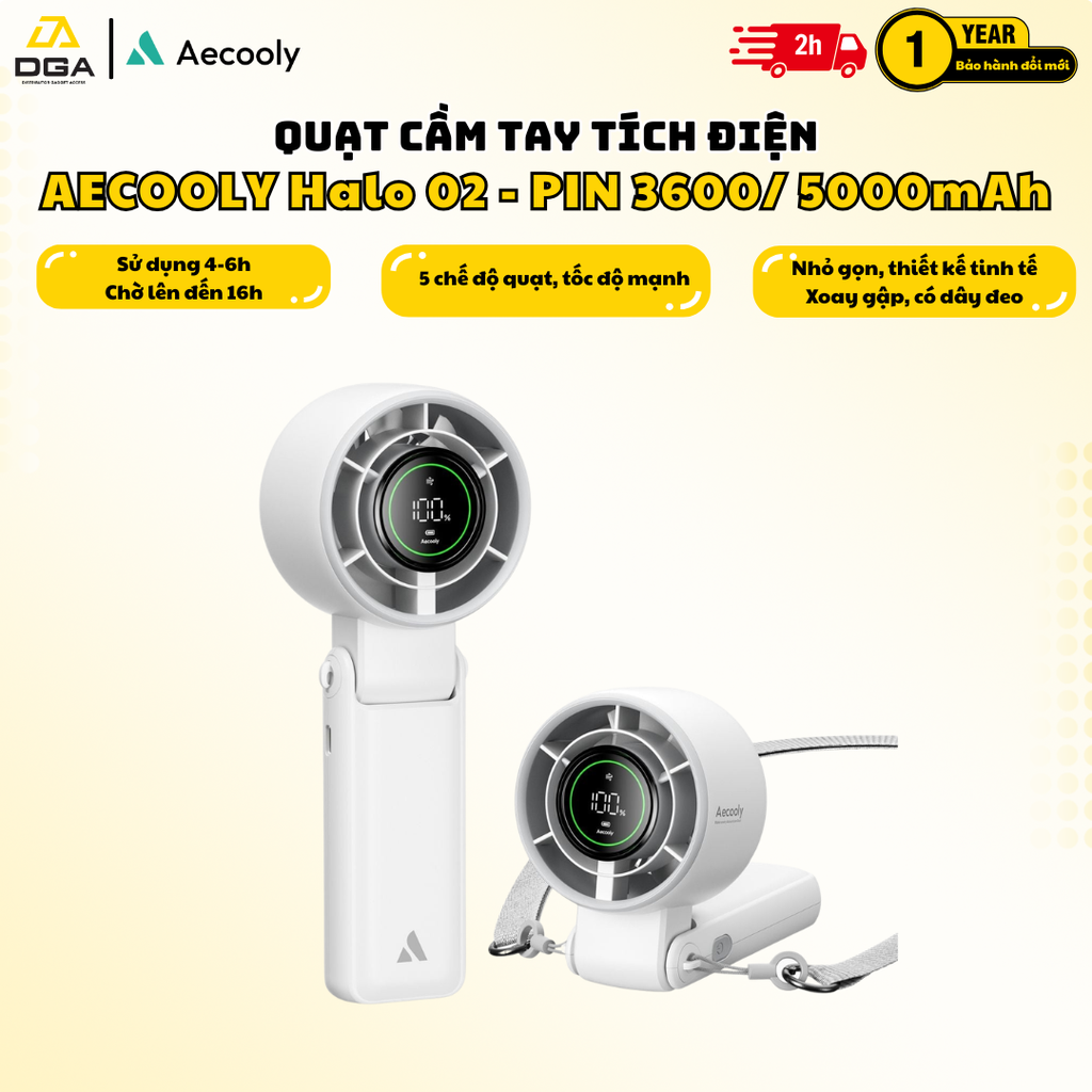 Quạt Cầm Tay AECOOLY Halo 02 (7000rpm, 5000mAh, Dual Air Channels, Ultra-High Wind Power, Foldable and placed on the desktop, Versatile Handheld/Desktop/Hanging Usage) - BLACK