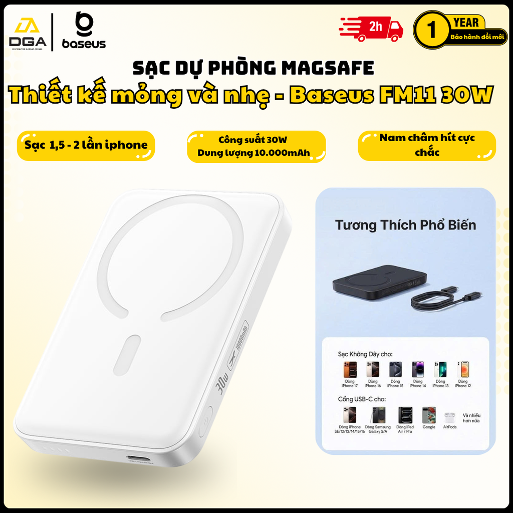 Pin Dự Phòng Không Dây Baseus EnerFill FM11 10000mAh 30W (1*Type-C port, NTC Cooling System, 15W Wireless Charging)