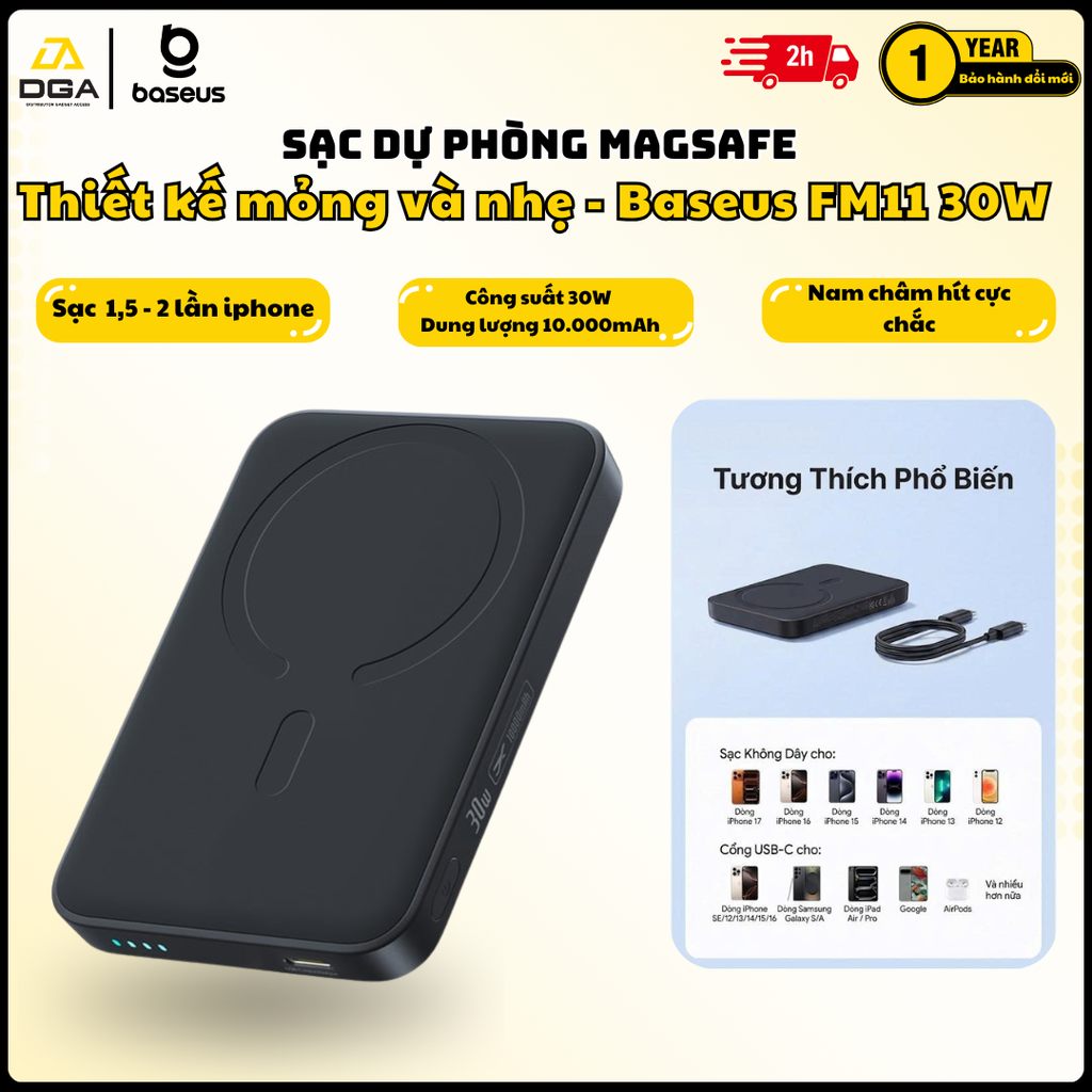 Pin Dự Phòng Không Dây Baseus EnerFill FM11 10000mAh 30W (1*Type-C port, NTC Cooling System, 15W Wireless Charging)