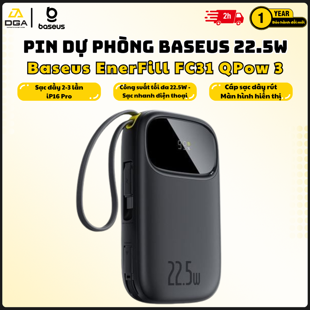 Pin sạc dự phòng Baseus EnerFill FC31 20000mAh 22.5W (Digital Display, with 2 Built-in Cables)