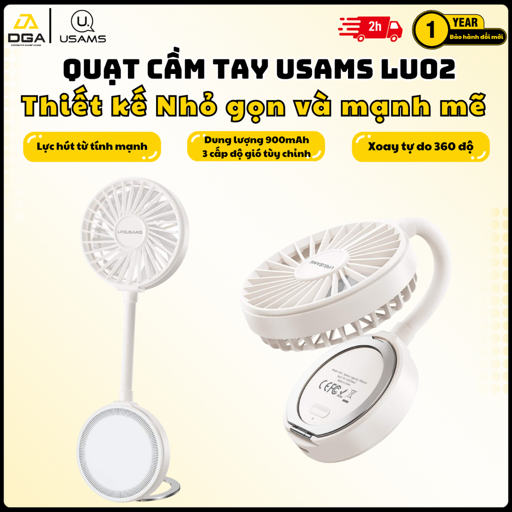Quạt Cầm Tay USAMS LU02 3.9W (360° Free Rotation, With stand, 7pcs High-speed Spiral Blades, 900mAh, Strong Magnetic Suction, Three Gear Wind)