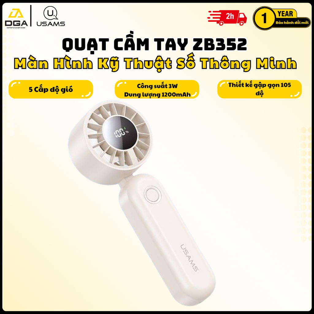 Quạt Cầm Tay USAMS ZB352 3W (Intelligent Digital Display, 1200mAh, 5-gear of Wind, 105° Foldable, 10398RPM)