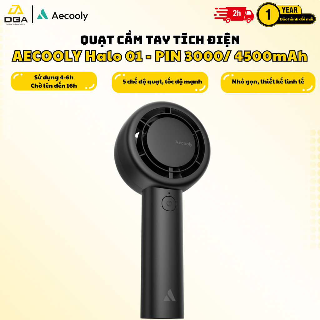 Quạt Cầm Tay AECOOLY Halo 01 (6000rpm, 5 Speed Settings, 16H, 3000mAh, 40 dB Low Noise)