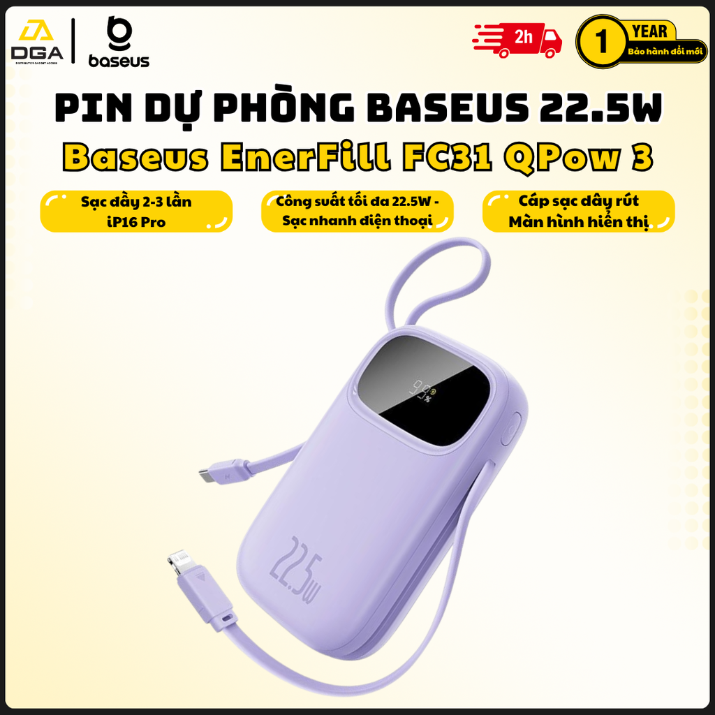 Pin sạc dự phòng Baseus EnerFill FC31 20000mAh 22.5W (Digital Display, with 2 Built-in Cables)
