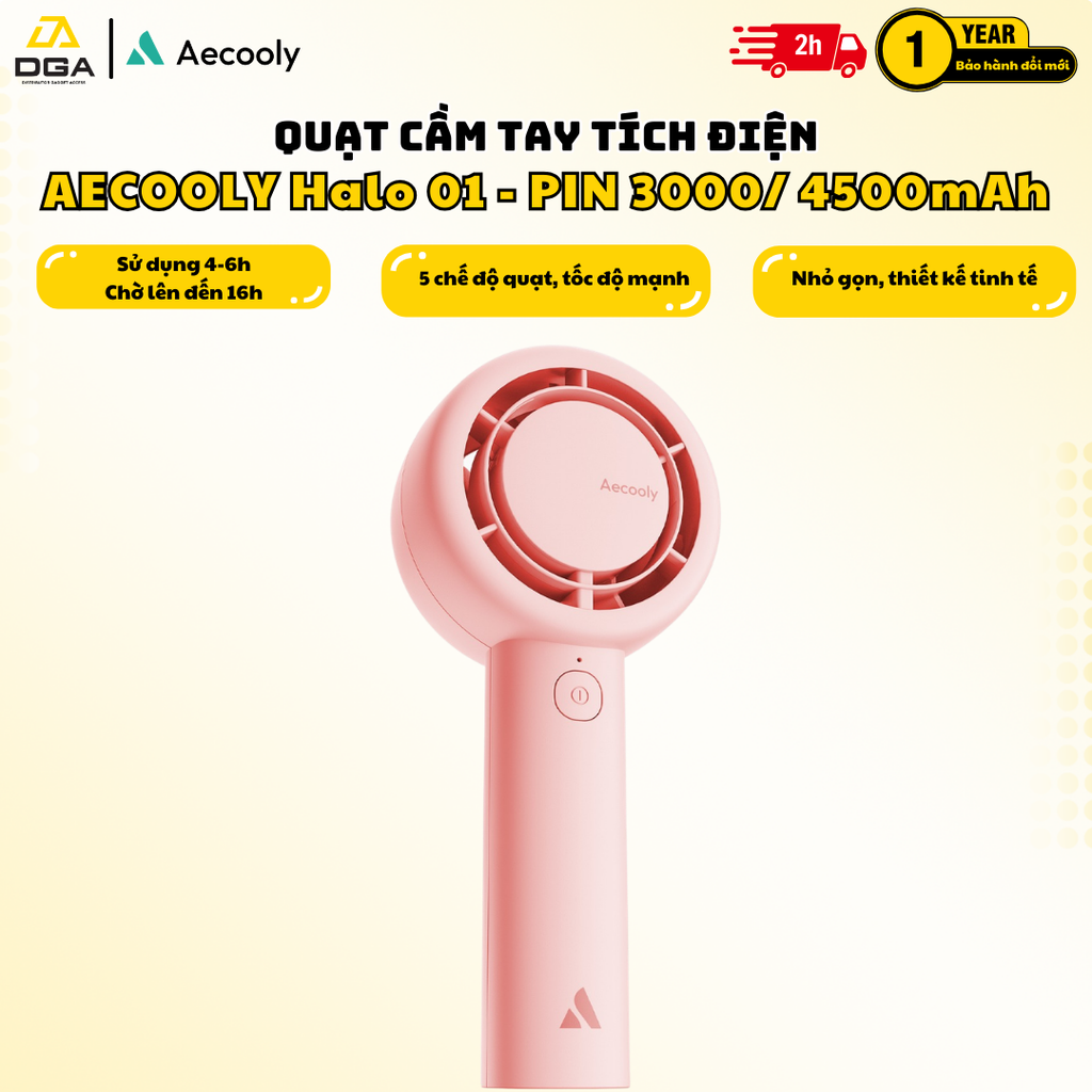 Quạt Cầm Tay AECOOLY Halo 01 (6000rpm, 5 Speed Settings, 16H, 3000mAh, 40 dB Low Noise)