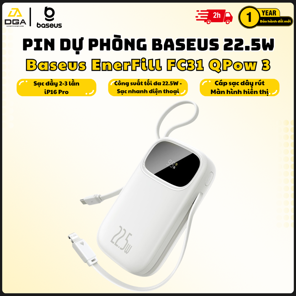 Pin sạc dự phòng Baseus EnerFill FC31 20000mAh 22.5W (Digital Display, with 2 Built-in Cables)
