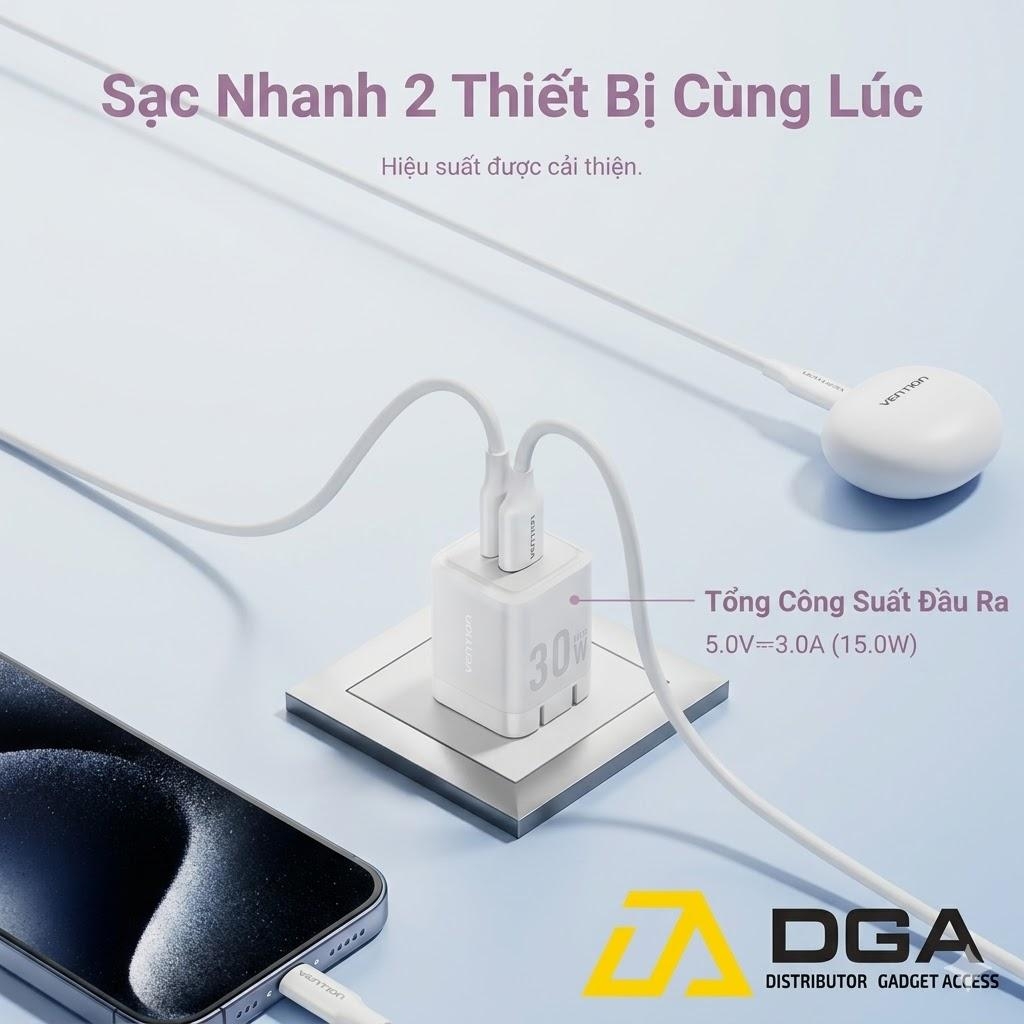 Bộ Sạc Nhanh C+A Kèm Cáp C to C VENTION FEQ 30W (GaN Charger)