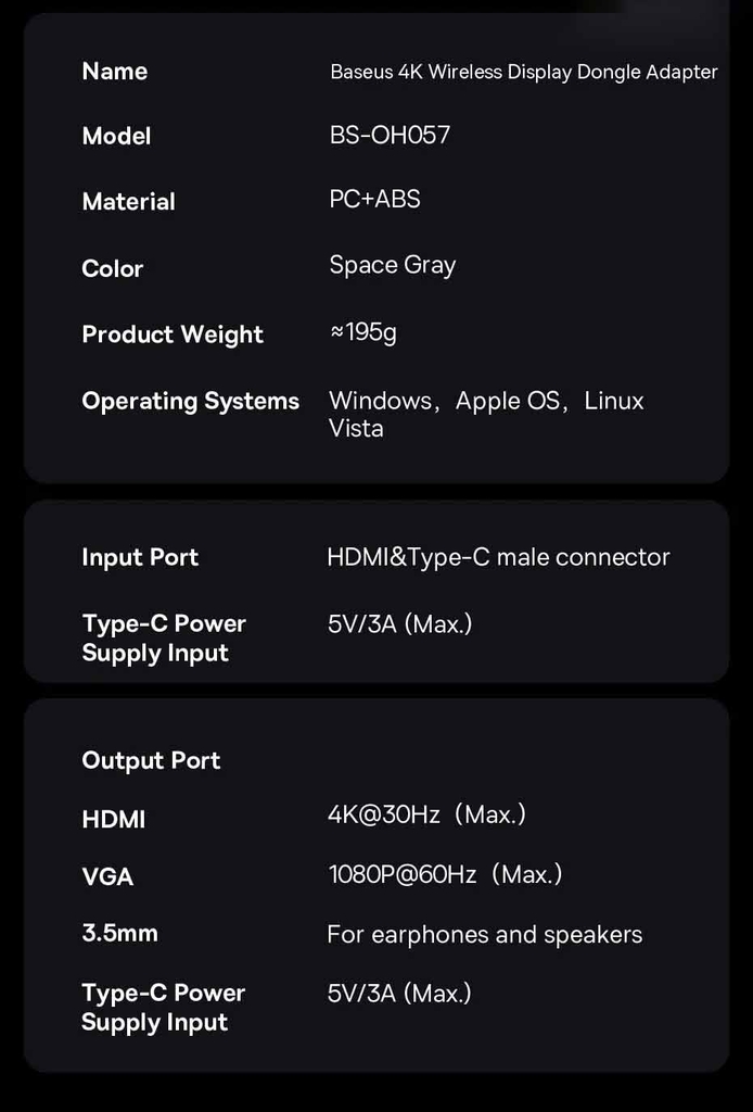 Bộ Truyền Hình Ảnh Qua HDMI Không Dây Baseus 4K Wireless Display Dongle Adapter Cho Smartphone/ iPad/ Macbook