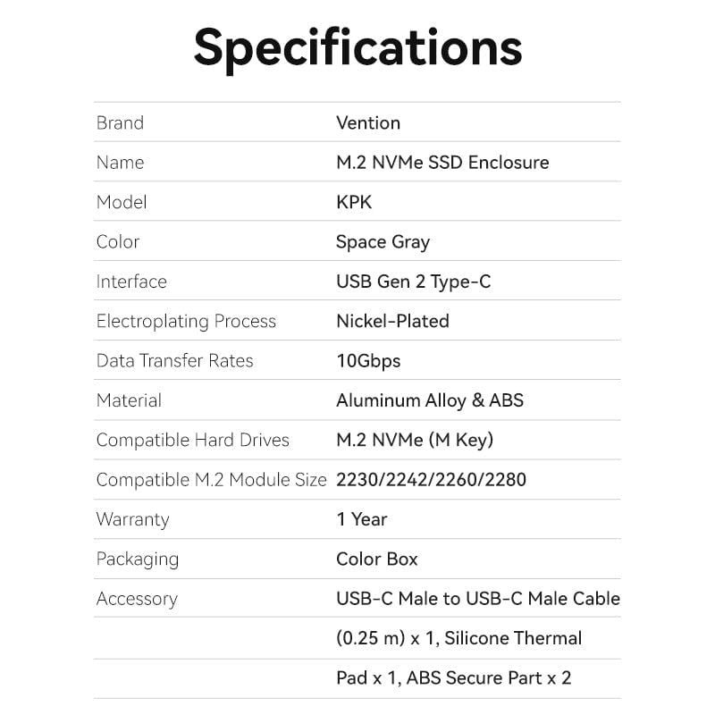 Box Đựng Ổ Cứng Di Động SSD M.2 Vention M.2 NVMe SSD Enclosure KPKH0 (USB 3.1 Gen 2-C, with Heat Sink)