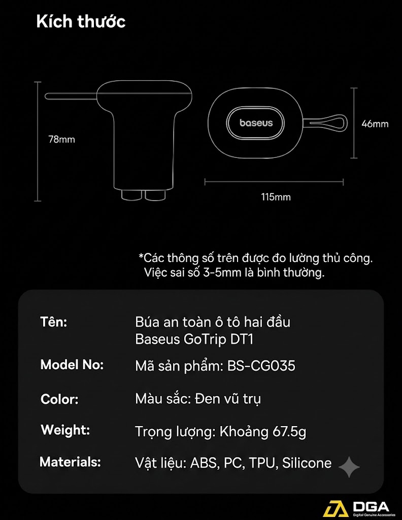 Búa phá kính thoát hiểm dùng trên xe hơi Baseus GoTrip DT1 Double Headed Car Safety Hammer