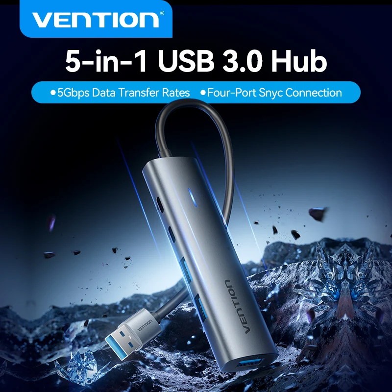 HUB Mở Rộng Đa Năng 5-in-1 VENTION TGX (USB-A to USB-C 3.2 Gen 1*1/USB 3.0*3/USB-C*1, 0.15M)