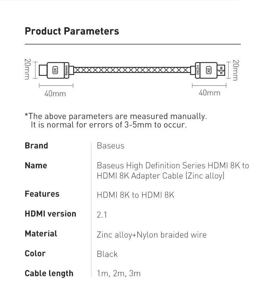 Cáp HDMI 2.1 8K Cao Cấp Baseus High Definition Series HDMI 8K to HDMI 8K Adapter Cable