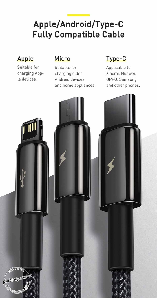 Cáp sạc nhanh 3 đầu siêu bền 3.5A Baseus Tungsten Gold Series (USB to Type C/ Lightning/ Micro USB)