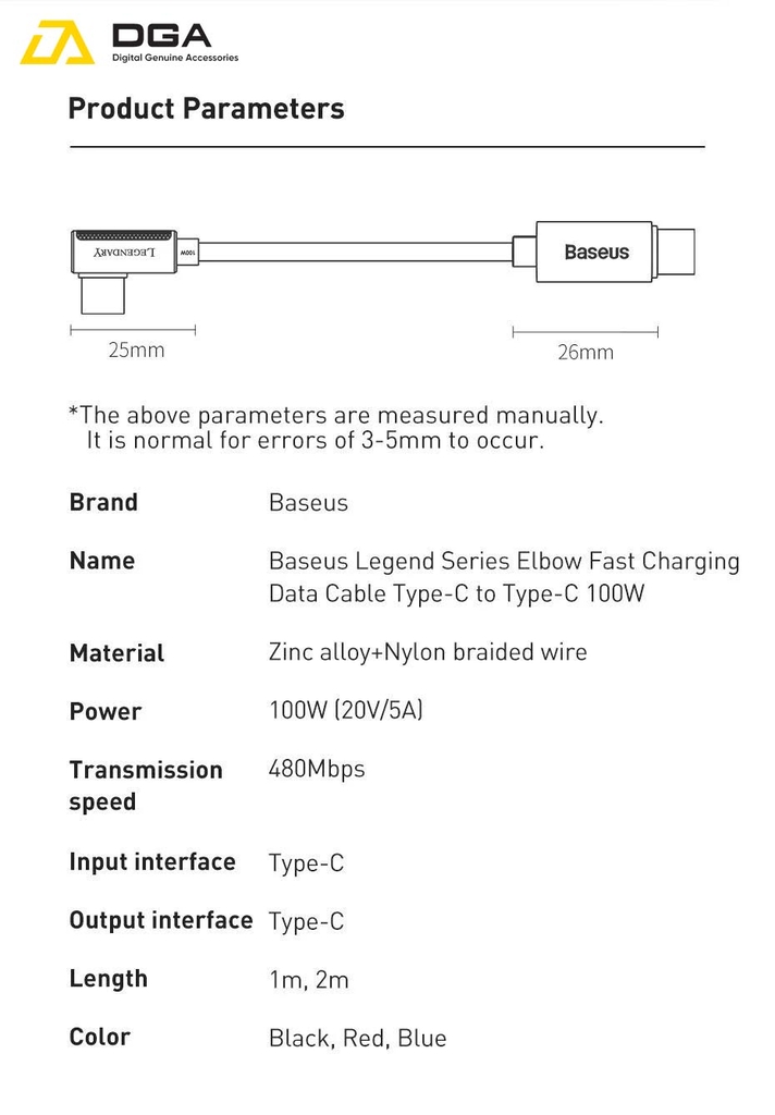 Cáp sạc C to C 100W đầu gập chữ L Baseus Legend Series Elbow