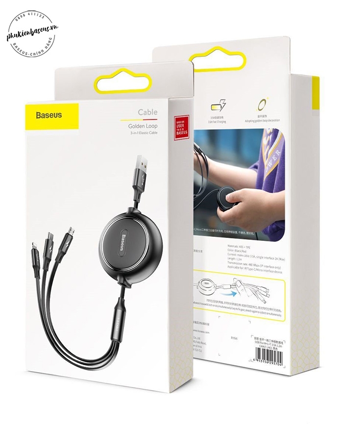 Cáp sạc dây rút 3 đầu Baseus Golden Loop 3 in 1 Elastic