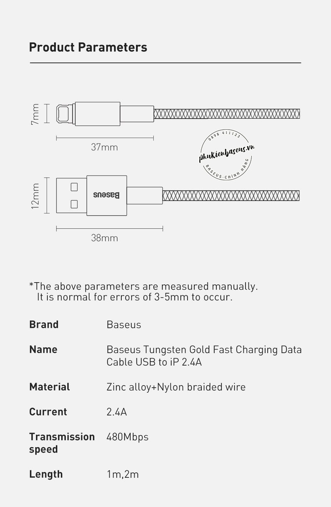 Cáp sạc 2.4A, siêu bền Baseus Tungsten Gold USB to Lightning dùng iPhone/iPad
