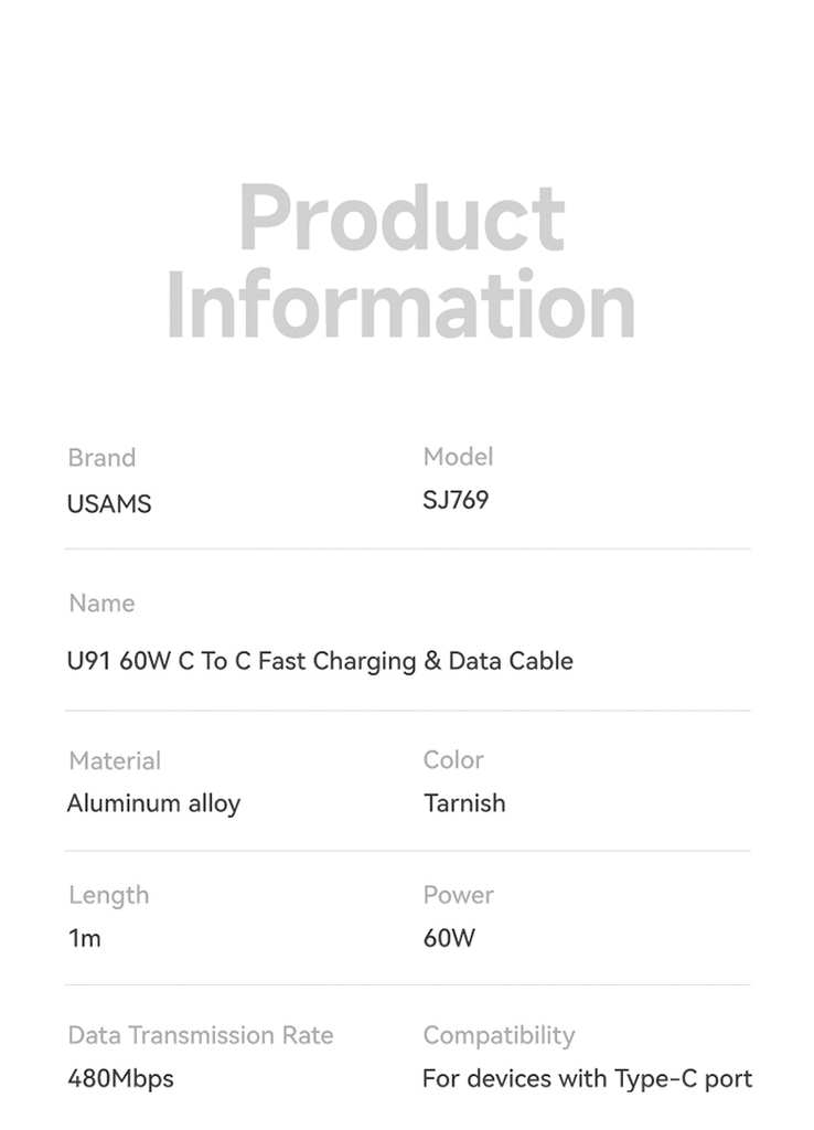 Cáp Sạc Nhanh C to C USAMS SJ769 U91 60W (1.2m, 480Mbps)