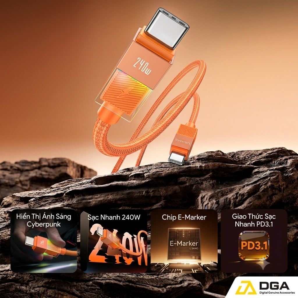 Cáp Sạc Nhanh C to C USAMS SJ775 U93 240W (PD3.1, 1.2m, Cyberpunk Light Effect, 480Mbps)