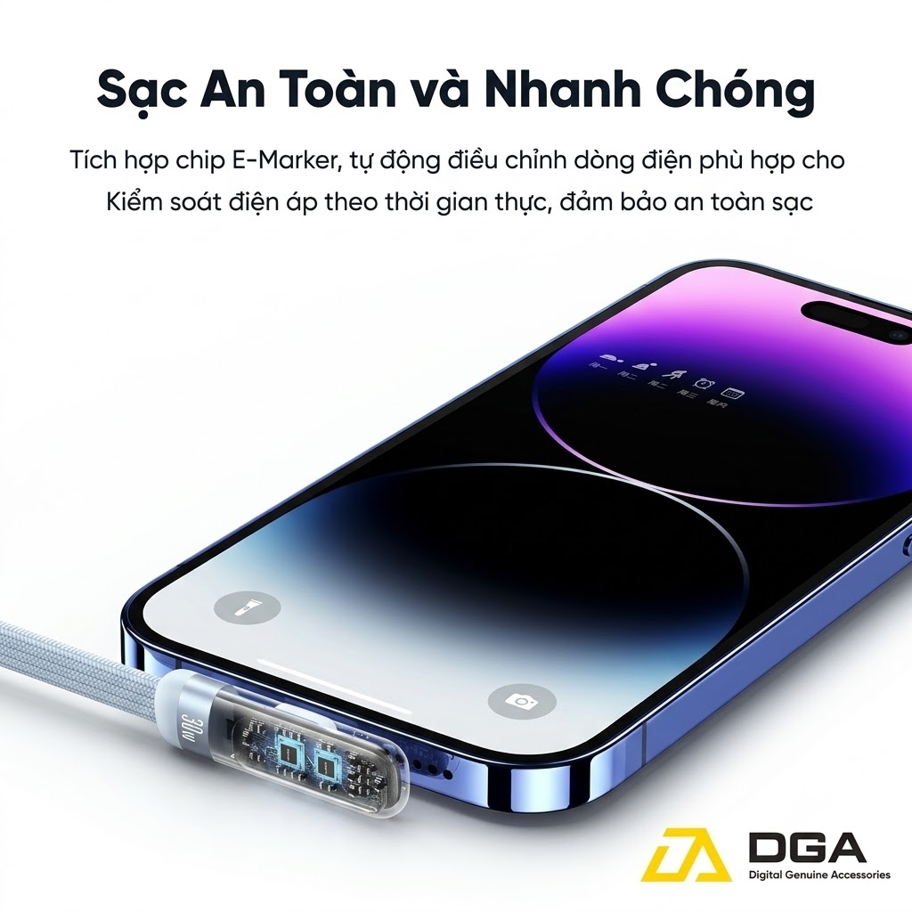 Cáp Sạc Nhanh C to Lightning USAMS SJ652 30W (Digital Display, 1.2m, 480Mbps, Right-angle cable)